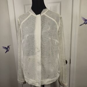 Kate & Mallory Cream Lace Pleated Back Bomber-Style Jacket Blouse Size S